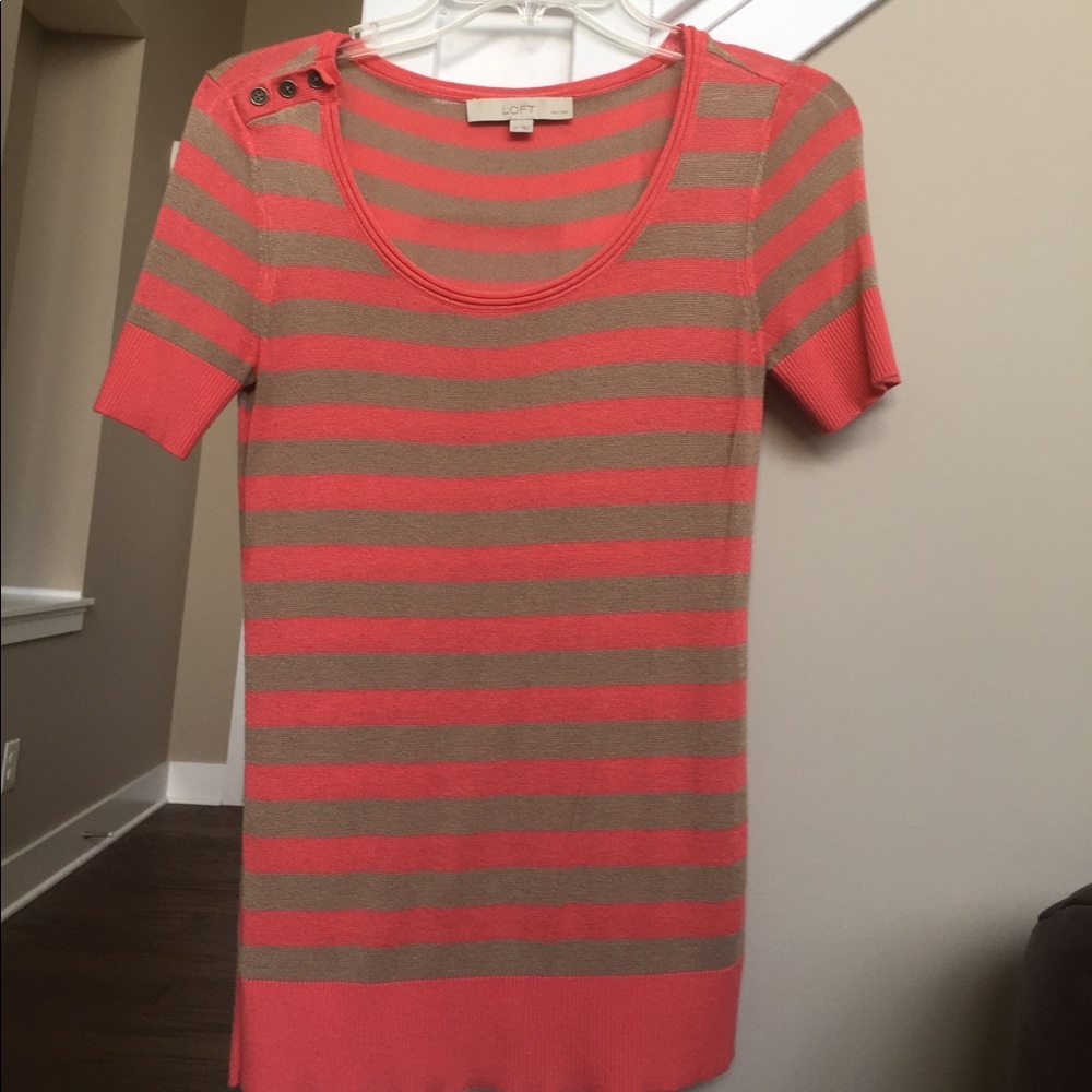 LOFT Coral and Taupe Striped Short Sleeve Sweater Top